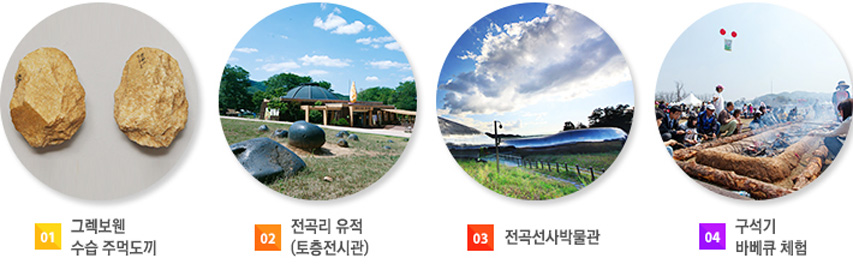 01. 그렉보웬 수습 주먹도끼, 02. 전곡리 유적(토층전시관), 03. 전곡선사박물관, 04. 구석기 바베큐 체험